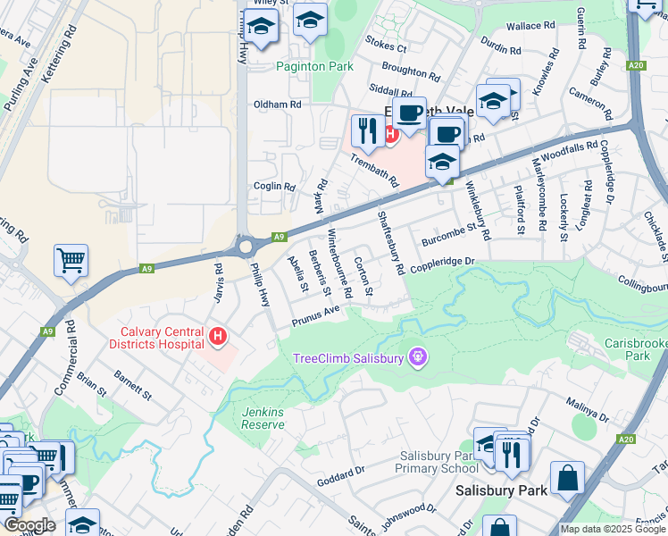 map of restaurants, bars, coffee shops, grocery stores, and more near 20 Winterbourne Road in Elizabeth Vale