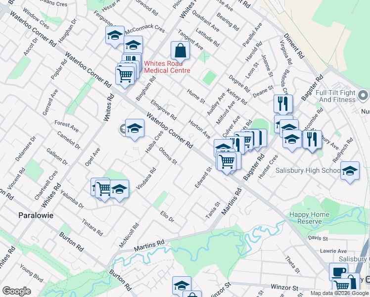 map of restaurants, bars, coffee shops, grocery stores, and more near 160 Waterloo Corner Road in Paralowie