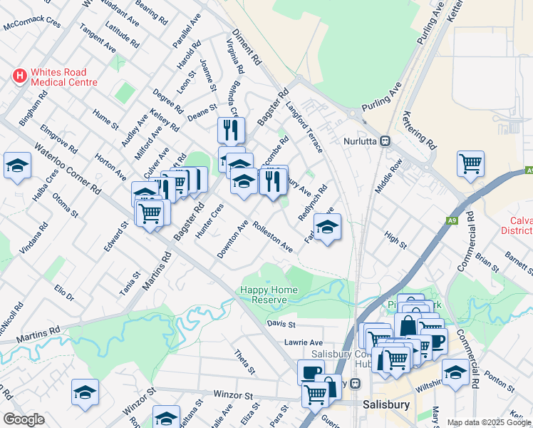 map of restaurants, bars, coffee shops, grocery stores, and more near 5 Melbury Road in Salisbury North