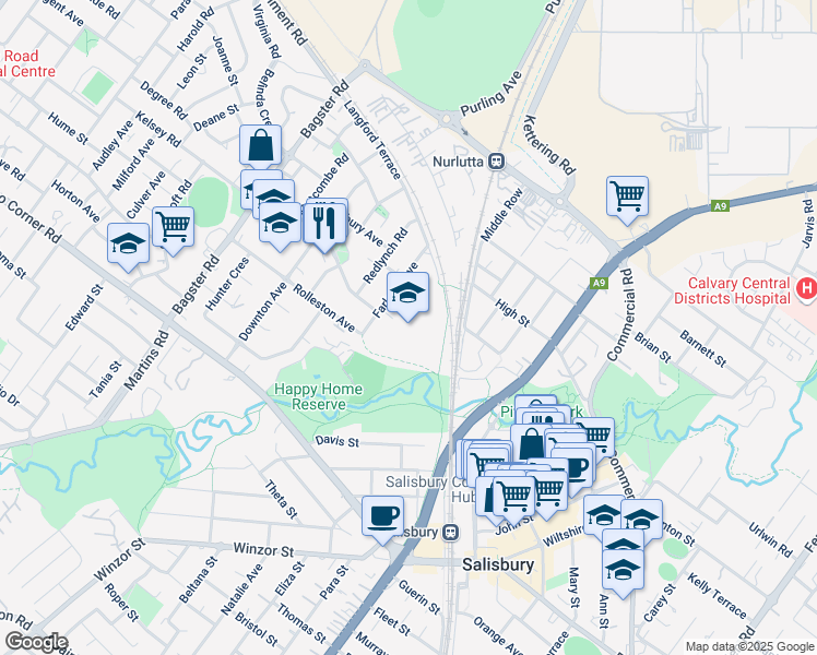 map of restaurants, bars, coffee shops, grocery stores, and more near 14 Farley Grove in Salisbury North