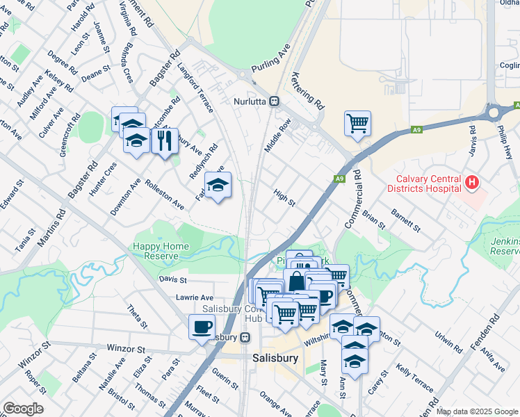 map of restaurants, bars, coffee shops, grocery stores, and more near 2 Perez Avenue in Salisbury