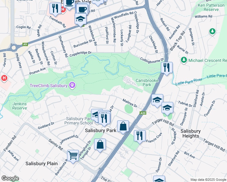 map of restaurants, bars, coffee shops, grocery stores, and more near 5 Riversdale Drive in Salisbury Park