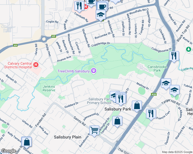map of restaurants, bars, coffee shops, grocery stores, and more near Harry Bowey Reserve in Salisbury Park