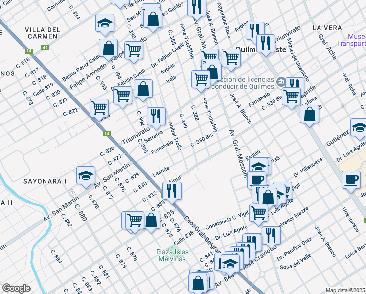 map of restaurants, bars, coffee shops, grocery stores, and more near 3967 Calle 330 Bis in Quilmes Oeste