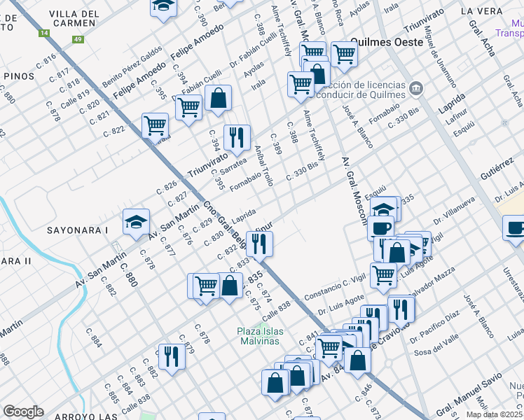 map of restaurants, bars, coffee shops, grocery stores, and more near 4296 Laprida in Quilmes Oeste