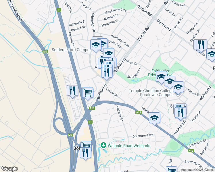 map of restaurants, bars, coffee shops, grocery stores, and more near 8 Warwick Court in Paralowie