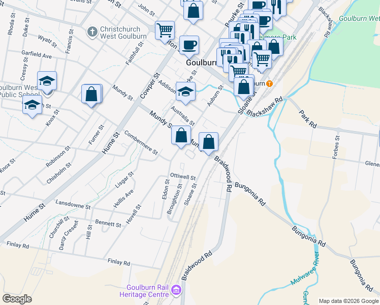 map of restaurants, bars, coffee shops, grocery stores, and more near 20 Mundy Street in Goulburn