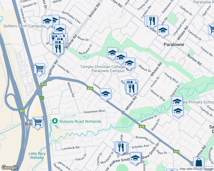 map of restaurants, bars, coffee shops, grocery stores, and more near 44 Caloundra Drive in Paralowie