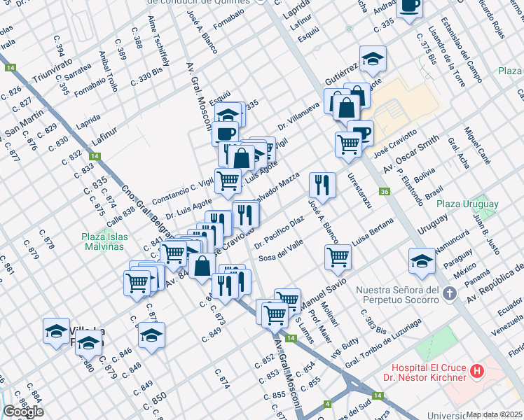 map of restaurants, bars, coffee shops, grocery stores, and more near 4045 Profesor Maier in Quilmes Oeste