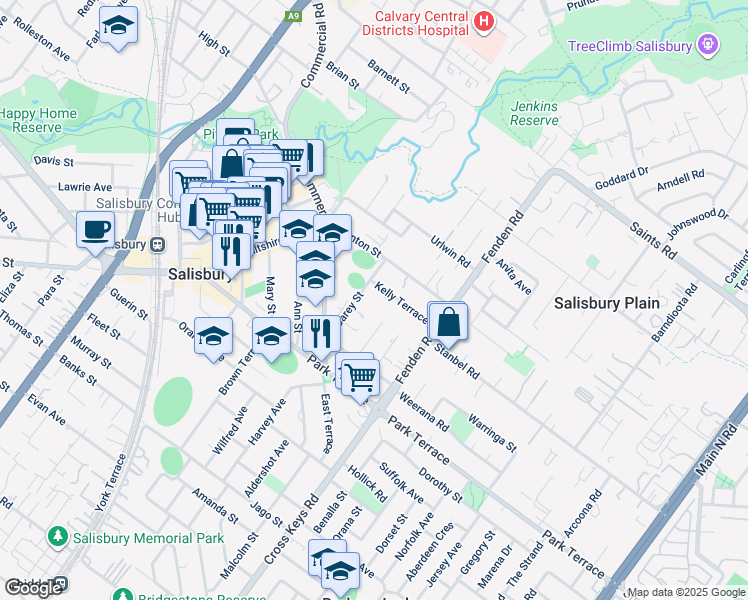 map of restaurants, bars, coffee shops, grocery stores, and more near 25 Carey Street in Salisbury