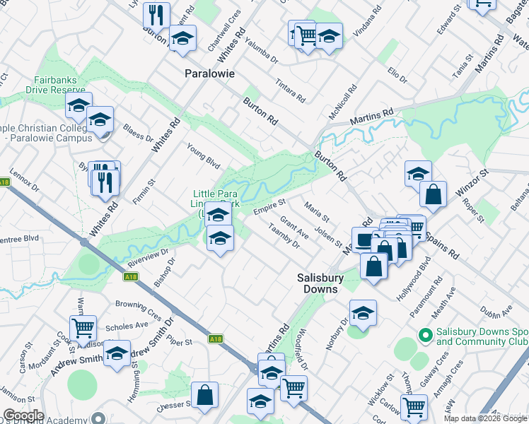 map of restaurants, bars, coffee shops, grocery stores, and more near 7 Empire Street in Salisbury Downs