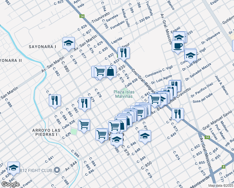 map of restaurants, bars, coffee shops, grocery stores, and more near 620 Calle 838 in Villa la Florida