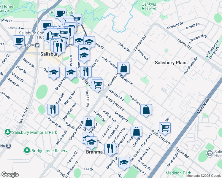 map of restaurants, bars, coffee shops, grocery stores, and more near 4 Weerana Road in Salisbury Plain