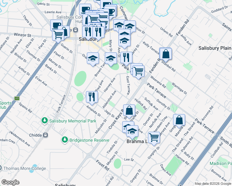 map of restaurants, bars, coffee shops, grocery stores, and more near 4 Aldershot Avenue in Salisbury