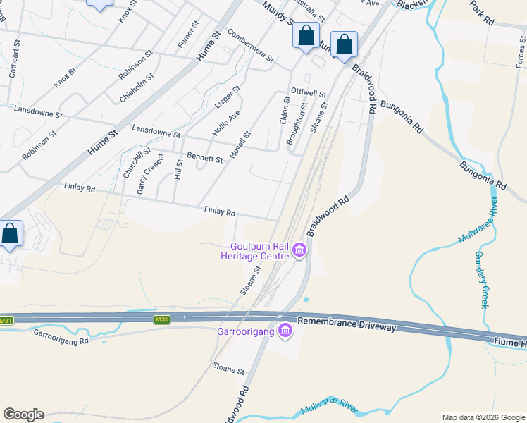 map of restaurants, bars, coffee shops, grocery stores, and more near 5 Finlay Road in Goulburn