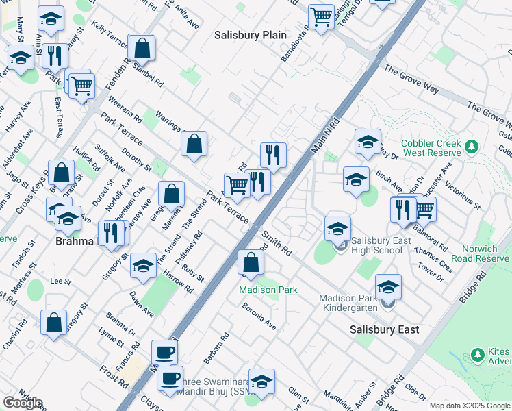 map of restaurants, bars, coffee shops, grocery stores, and more near 1700 Main North Road in Salisbury Plain