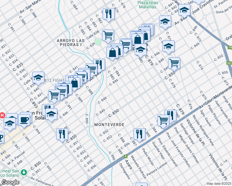map of restaurants, bars, coffee shops, grocery stores, and more near 1562 Calle 848 in Villa la Florida