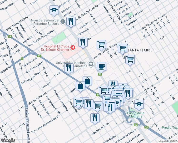 map of restaurants, bars, coffee shops, grocery stores, and more near 6200 Avenida Calchaquí in Florencio Varela