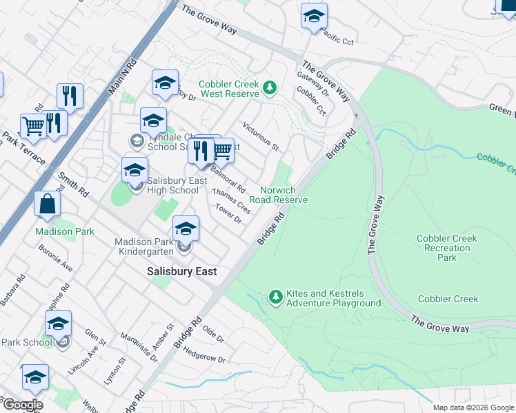 map of restaurants, bars, coffee shops, grocery stores, and more near 12 Norwich Road in Salisbury East