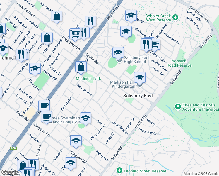 map of restaurants, bars, coffee shops, grocery stores, and more near 36 Jacaranda Drive in Salisbury East