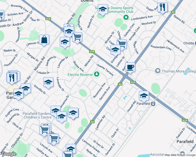 map of restaurants, bars, coffee shops, grocery stores, and more near 13 Sharon Avenue in Parafield Gardens