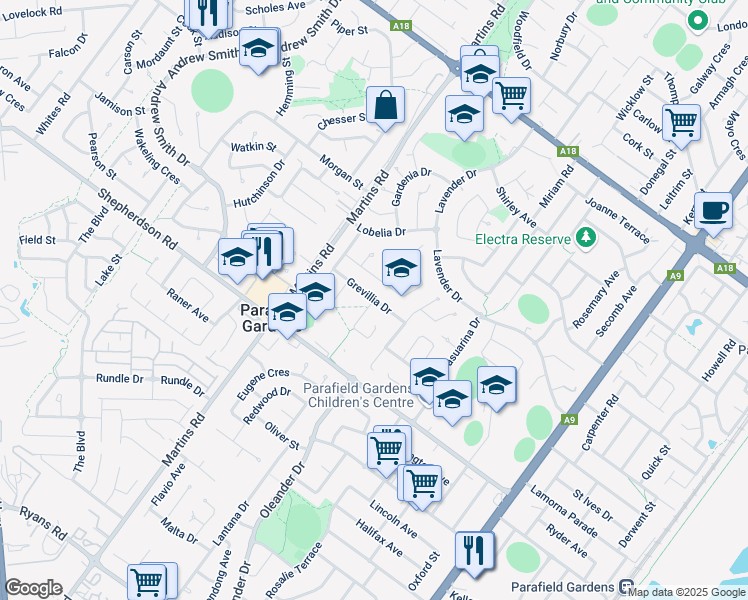 map of restaurants, bars, coffee shops, grocery stores, and more near Grevillia Drive in Parafield Gardens