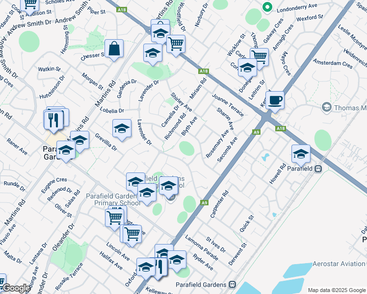 map of restaurants, bars, coffee shops, grocery stores, and more near in Parafield Gardens