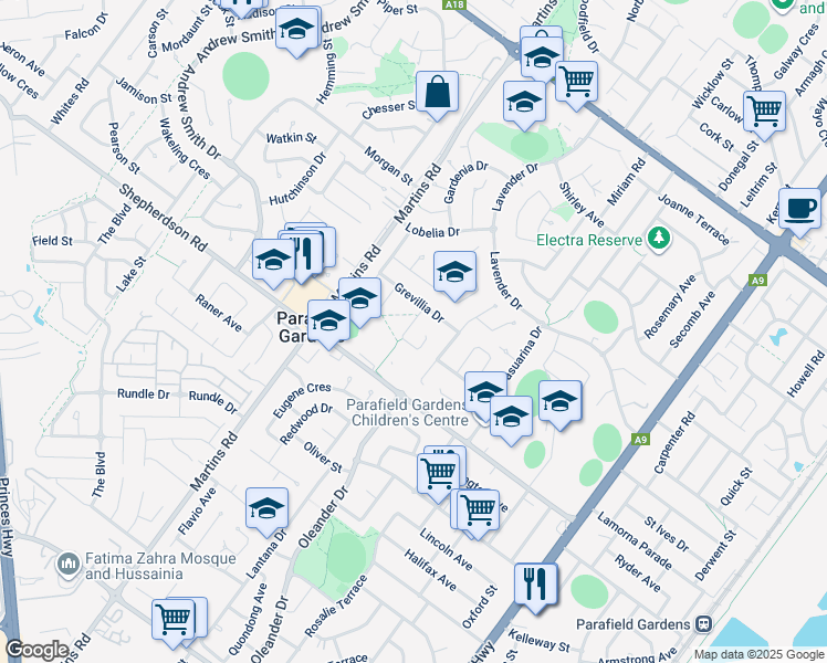 map of restaurants, bars, coffee shops, grocery stores, and more near 3 Carnation Court in Parafield Gardens