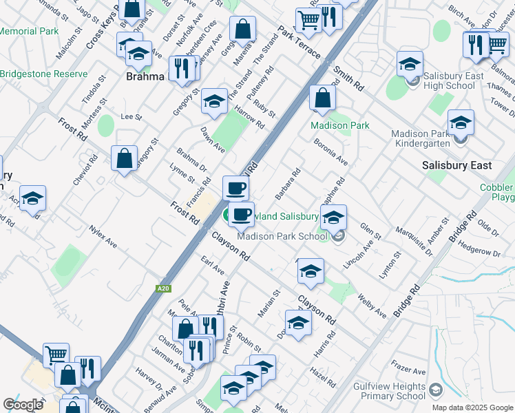 map of restaurants, bars, coffee shops, grocery stores, and more near 38 Iveleary Avenue in Salisbury East