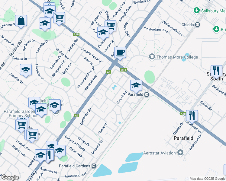 map of restaurants, bars, coffee shops, grocery stores, and more near Rhode Island Drive in Parafield Gardens
