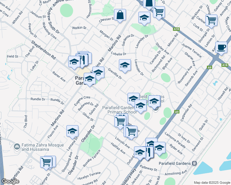 map of restaurants, bars, coffee shops, grocery stores, and more near 10 Bauhinia Drive in Parafield Gardens