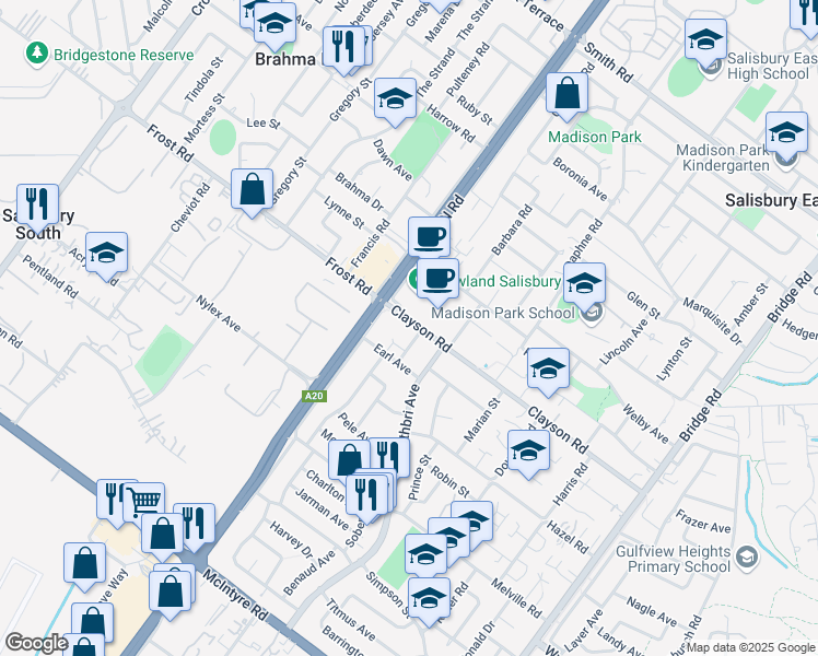 map of restaurants, bars, coffee shops, grocery stores, and more near 9 Clayson Road in Salisbury East