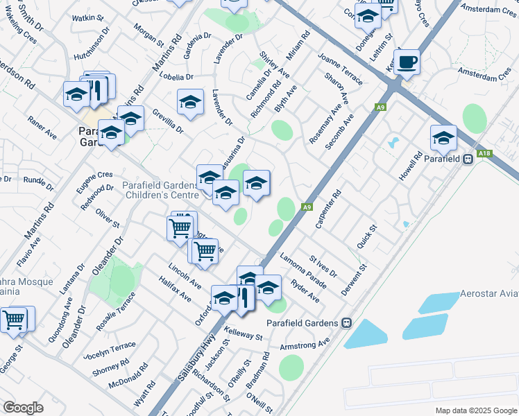 map of restaurants, bars, coffee shops, grocery stores, and more near 15 Shepherdson Road in Parafield Gardens