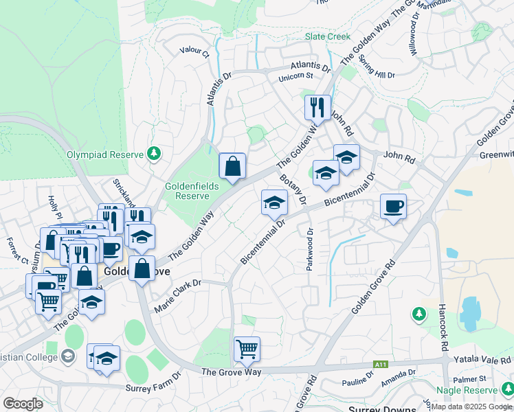 map of restaurants, bars, coffee shops, grocery stores, and more near 7 Castle Hill Place in Golden Grove