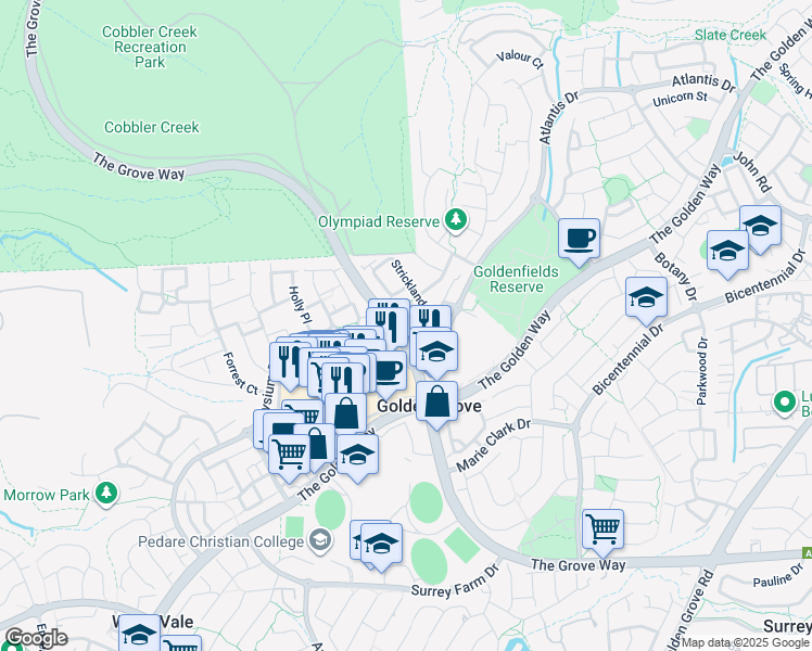 map of restaurants, bars, coffee shops, grocery stores, and more near 7 Cuneo Place in Golden Grove
