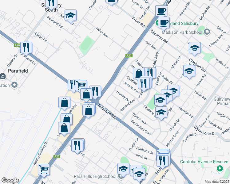 map of restaurants, bars, coffee shops, grocery stores, and more near 31 Dexter Drive in Salisbury East