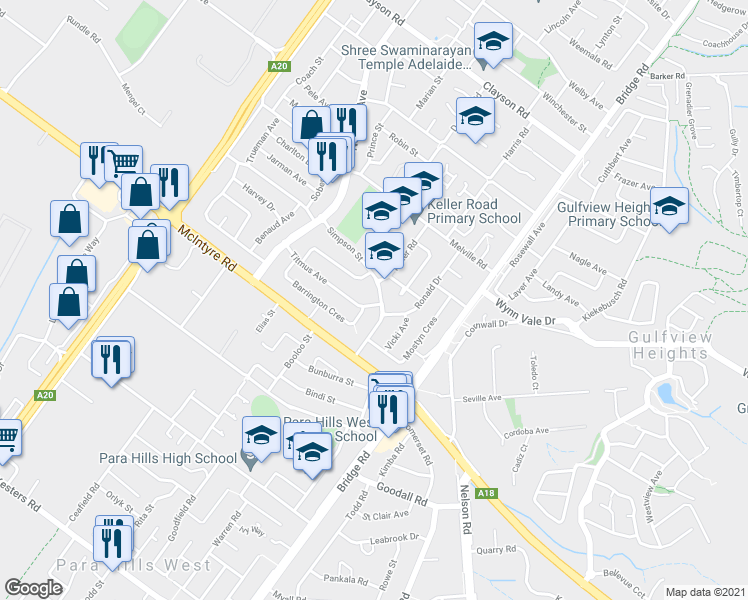 map of restaurants, bars, coffee shops, grocery stores, and more near 41 Simpson Street in Salisbury East