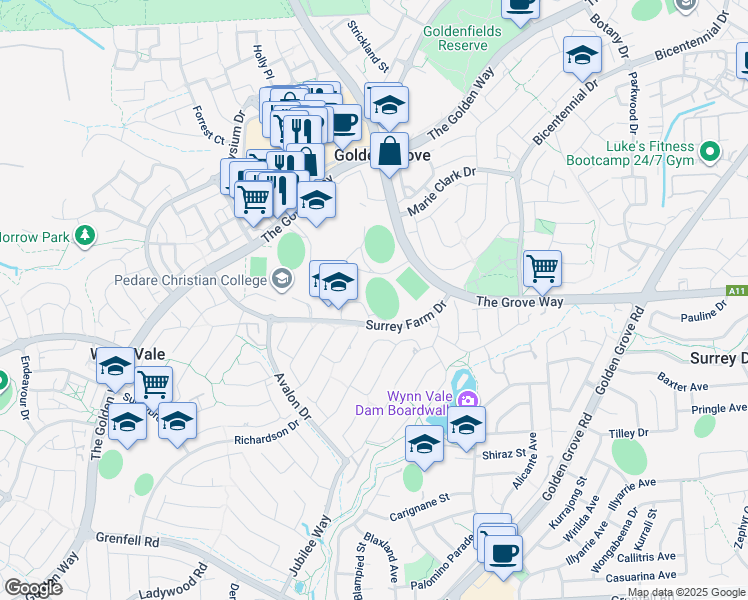 map of restaurants, bars, coffee shops, grocery stores, and more near 40-60 Adey Place in Golden Grove