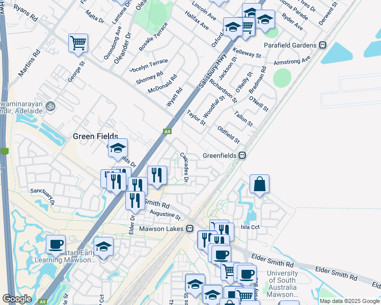 map of restaurants, bars, coffee shops, grocery stores, and more near 4 Cathedral Circuit in Mawson Lakes