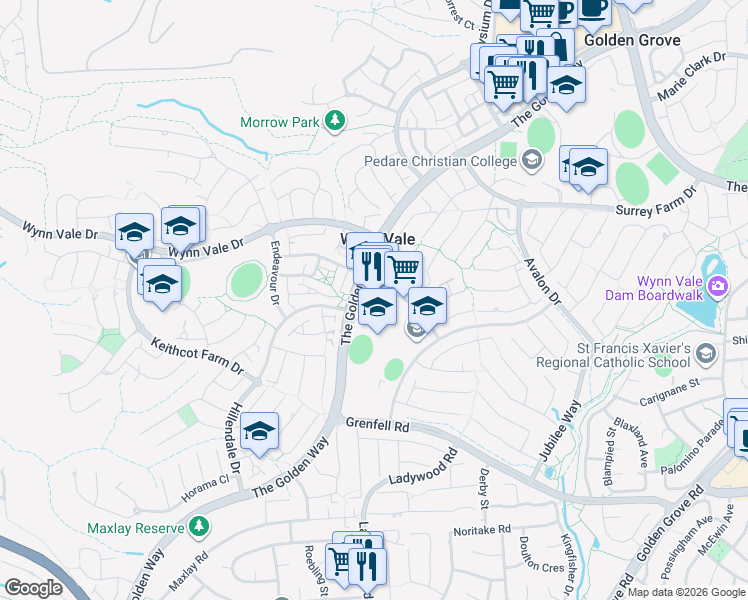 map of restaurants, bars, coffee shops, grocery stores, and more near 3 Sunnybrook Drive in Wynn Vale