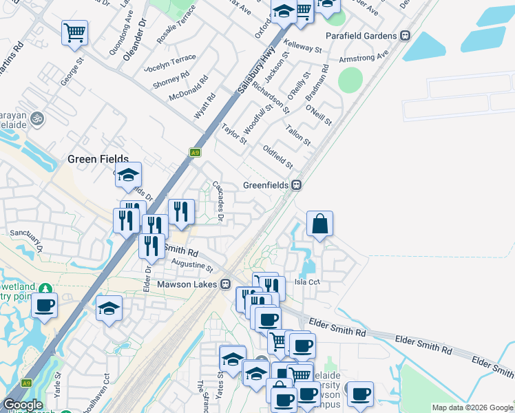 map of restaurants, bars, coffee shops, grocery stores, and more near 39 Adeline Street in Mawson Lakes