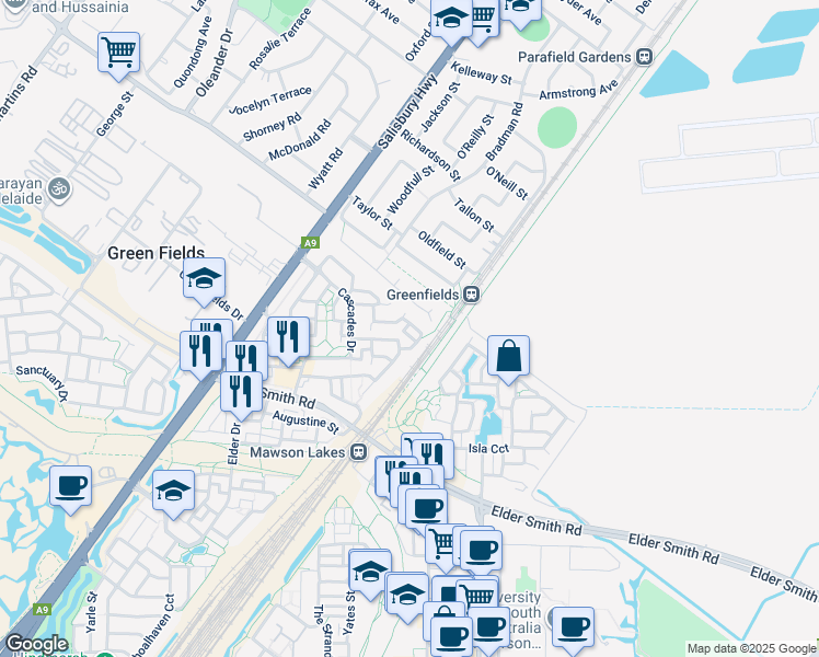 map of restaurants, bars, coffee shops, grocery stores, and more near 39 Adeline Street in Mawson Lakes