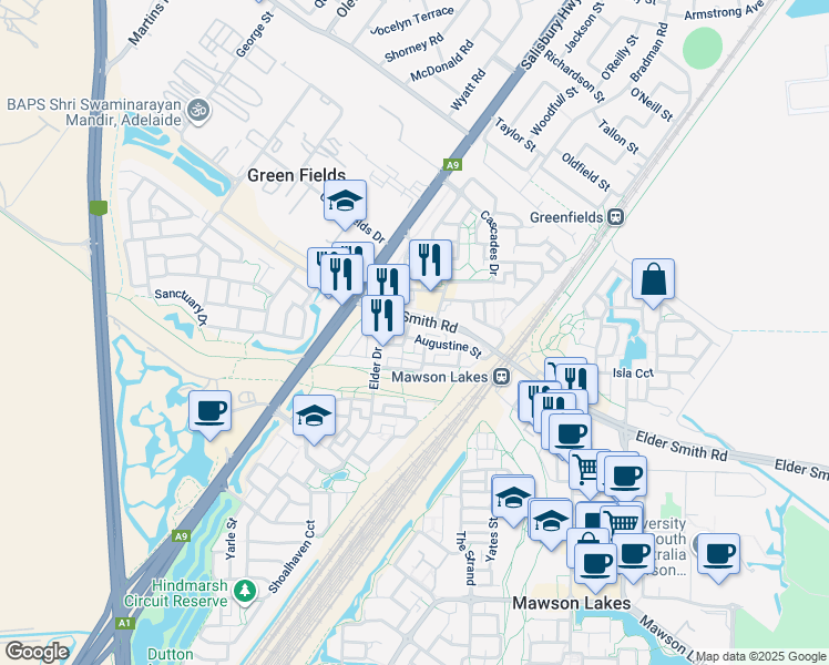 map of restaurants, bars, coffee shops, grocery stores, and more near 2 Augustine Street in Mawson Lakes