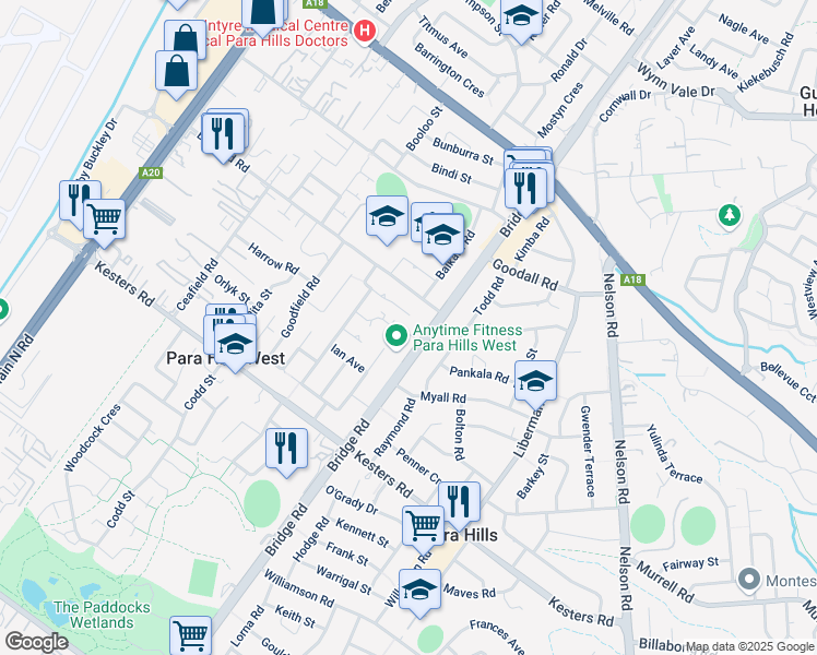 map of restaurants, bars, coffee shops, grocery stores, and more near 456 Bridge Road in Para Hills West