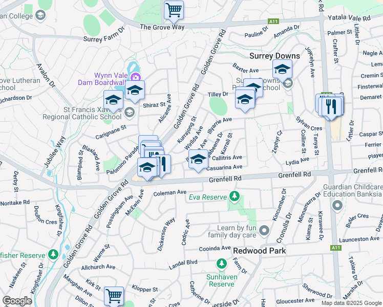 map of restaurants, bars, coffee shops, grocery stores, and more near 28 Illyarrie Avenue in Surrey Downs