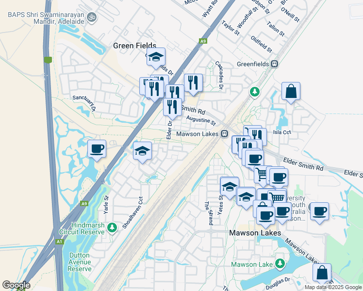 map of restaurants, bars, coffee shops, grocery stores, and more near 32 Ellis Lane in Mawson Lakes