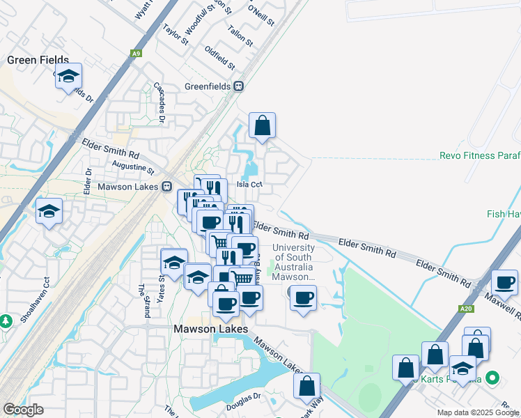 map of restaurants, bars, coffee shops, grocery stores, and more near 7-17 Saint Kitts Place in Mawson Lakes