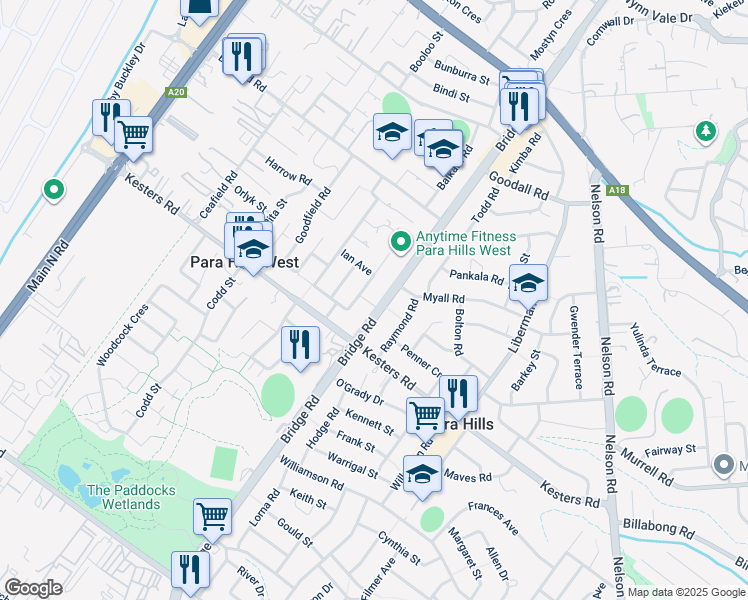 map of restaurants, bars, coffee shops, grocery stores, and more near 428 Bridge Road in Para Hills West