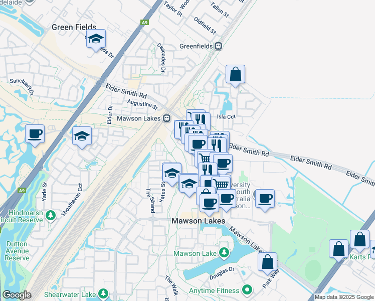map of restaurants, bars, coffee shops, grocery stores, and more near 30 Metro Parade in Mawson Lakes