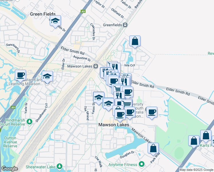 map of restaurants, bars, coffee shops, grocery stores, and more near 21 Euston Walk in Mawson Lakes